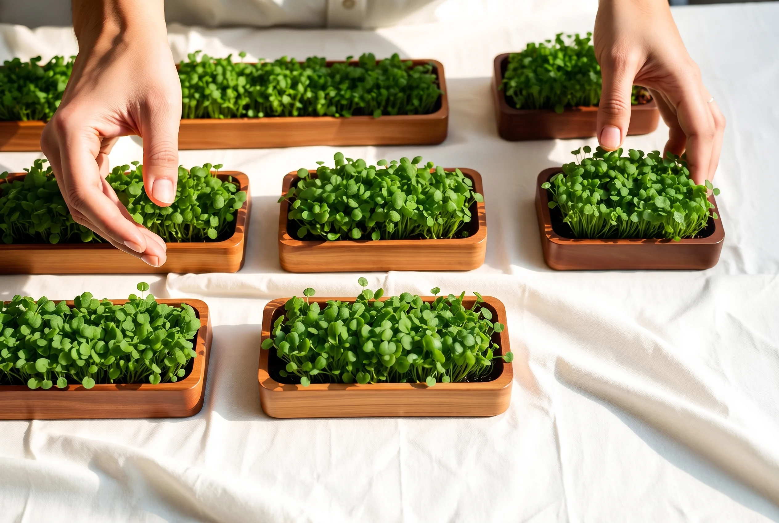 Trays of microgreens being tended